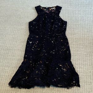 Shoshanna Navy Lace Sleeveless Dress with colorful peek a boo liner